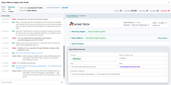 Completed Buyer Alliance summary showing an Allied Buyer, quoted value, and matched seller, with Sales Execution next on the same opportunity
