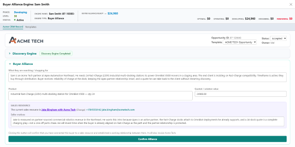 Buyer Alliance engine in the Acme Tech CRM record, with Discovery completed and the buyer's needs, product, and matched seller ready to confirm