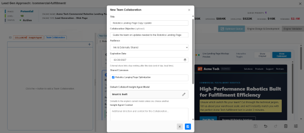 New Team Collaboration form setting the objective, audience, shared canvases, and AI model for a Workspace session