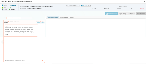 New Collabor8 Workspace session opening on a Lead Generation engine, with the AI collaborator ready and an empty canvas