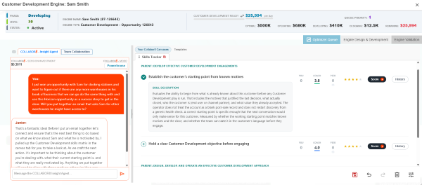 Skills Tracker scoring an account owner's Customer Development skills, such as establishing the customer's starting point from known motives