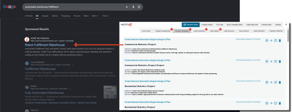 Google sponsored search ad linked to the Motiv8 Optimizer Queue, where Demand Generation engine designs are ranked by potential
