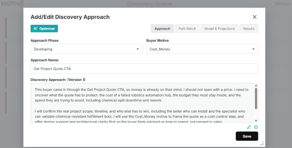 Discovery Approach editor where a Buyer Advocate plans a Get Project Quote conversation around the buyer's cost motive
