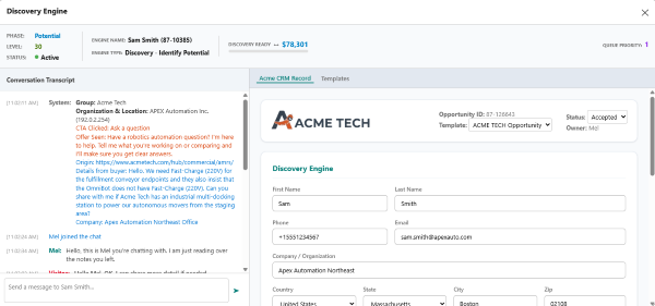 Discovery engine showing the live buyer conversation transcript beside the Acme Tech CRM opportunity record