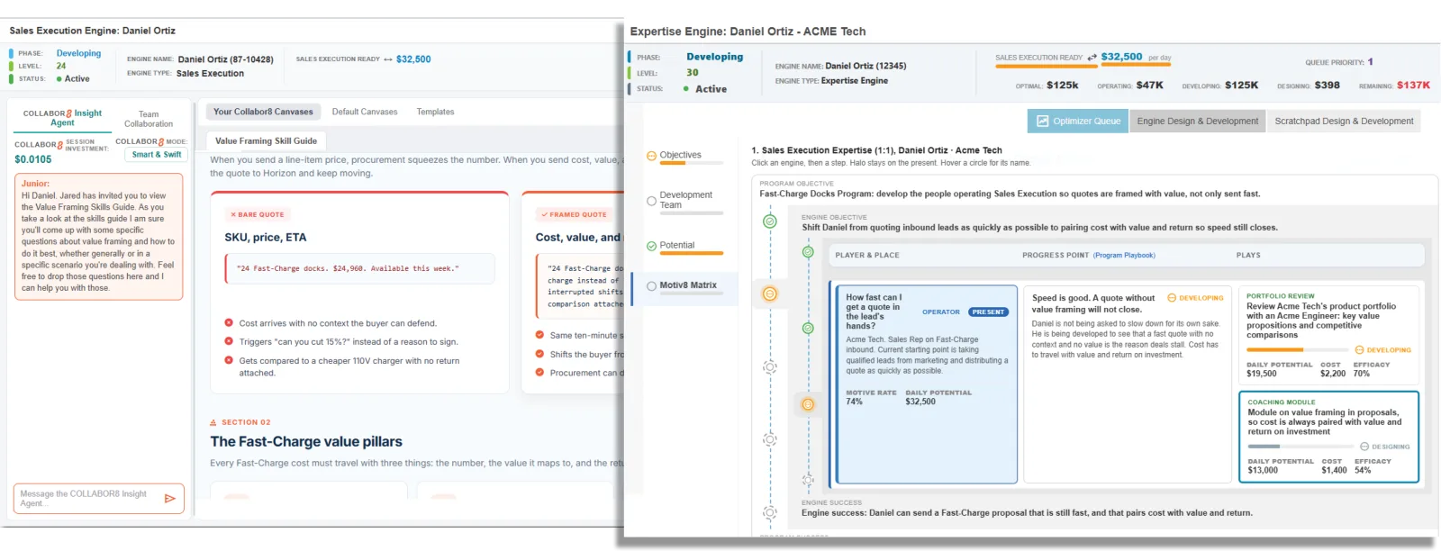 Expertise Engine developing a Sales Execution rep to pair every quote with value and return, beside a Collabor8 value framing skill guide