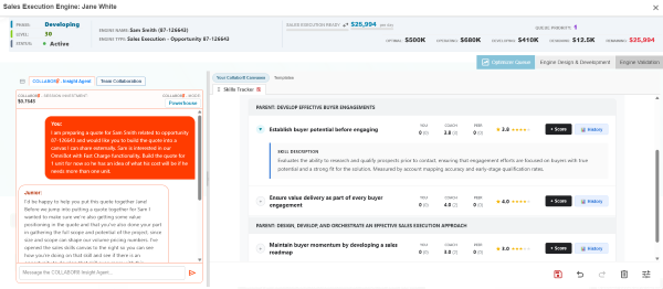 Skills Tracker scoring buyer engagement skills in real time while an Advocate and seller build a live quote