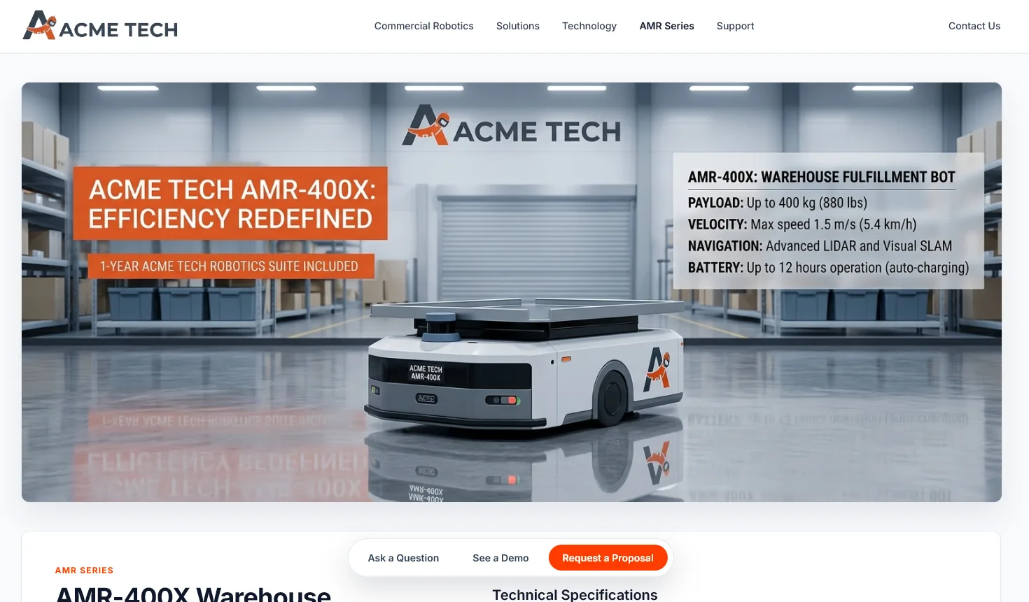 Acme Tech AMR-400X product page offering Ask a Question, See a Demo, and Request a Proposal calls-to-action