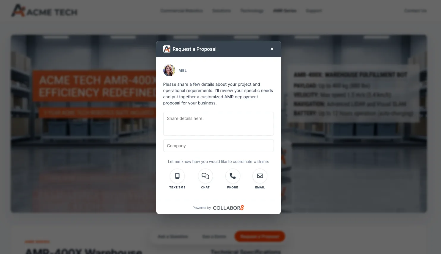 Request a Proposal window opened from the CTA, asking for project details and letting the buyer choose text, chat, phone, or email