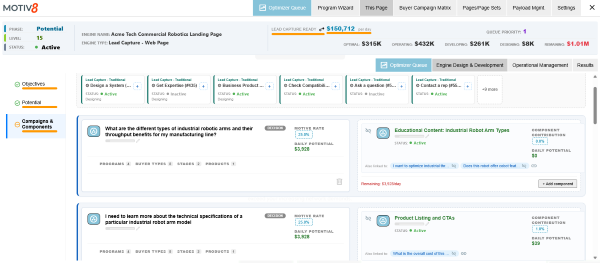 Lead Capture components matching buyer questions to CTAs such as educational content and product listings, with daily potential
