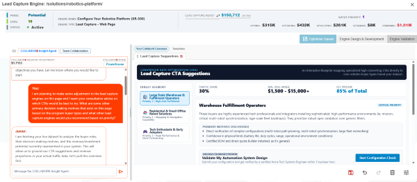 Collabor8 Insight Agent drafting Lead Capture CTA suggestions by buyer segment, including a Validate My Automation System Design offer