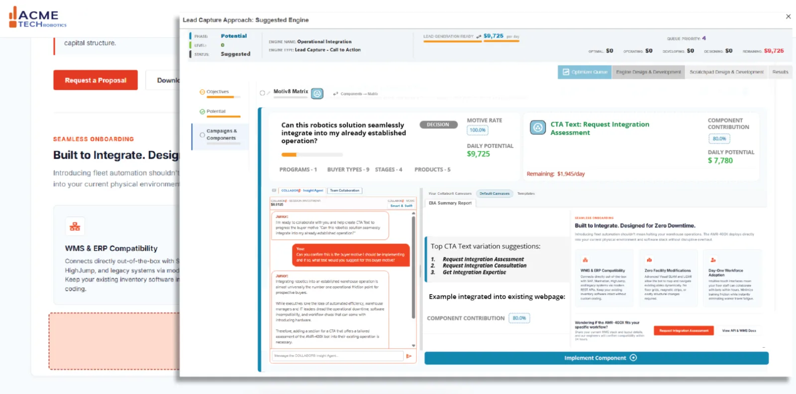 Lead Capture approach recommending a Request Integration Assessment CTA for a robotics page, with CTA text options and page preview