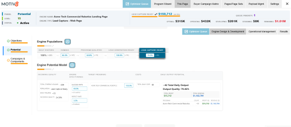Lead Capture approach modeling engine populations and daily output potential for a commercial robotics landing page