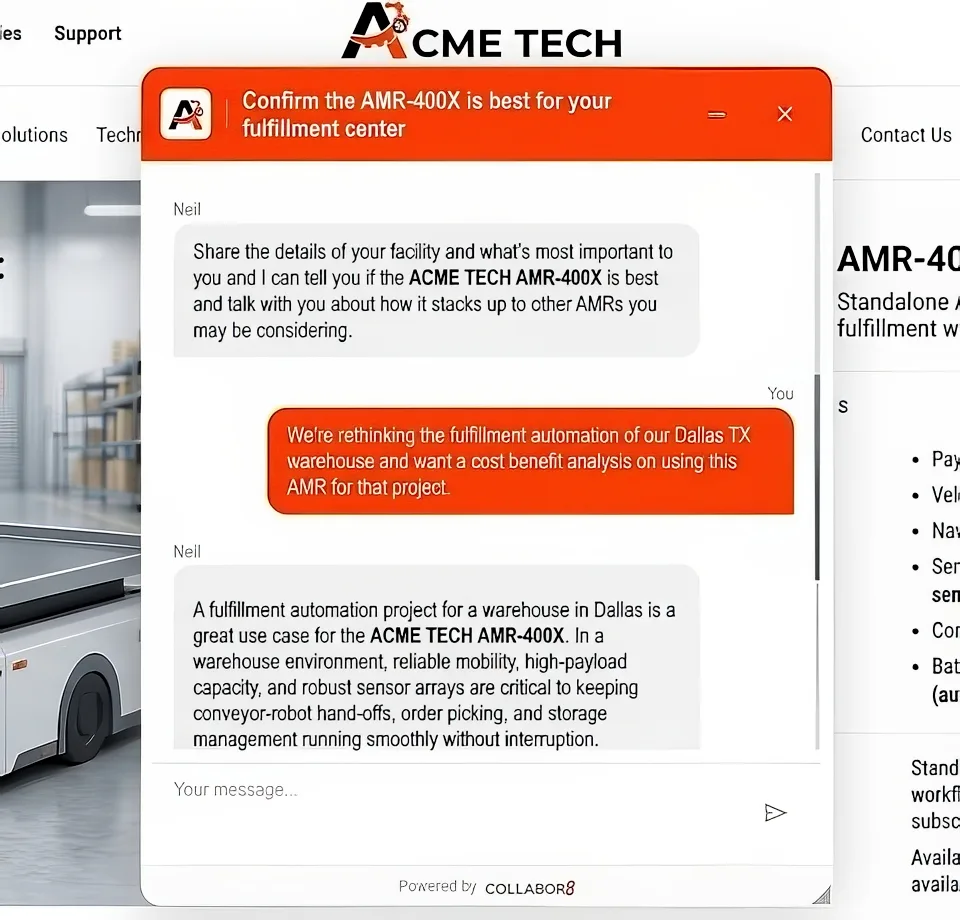 Collabor8 Insight Agent on an Acme Tech product page helping a visitor confirm the AMR-400X fits their Dallas warehouse project