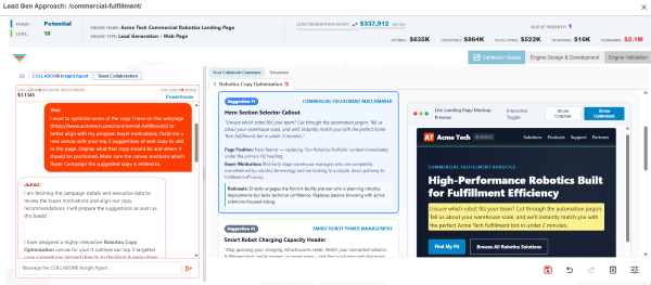 Collabor8 Insight Agent drafting robotics copy suggestions beside a live landing page preview ready to publish