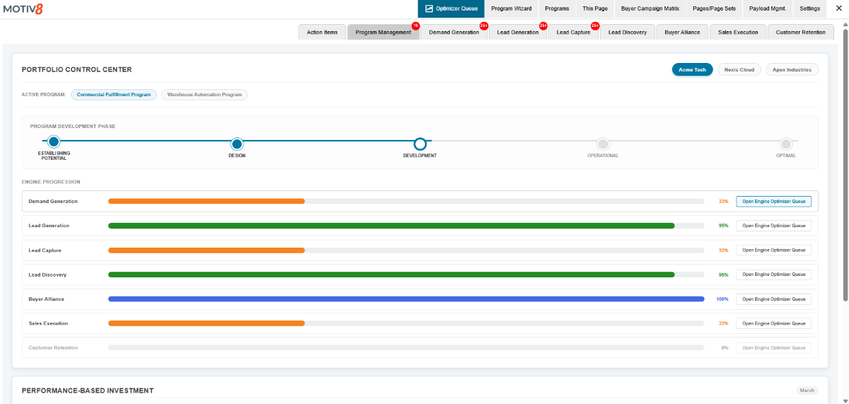Motiv8 Portfolio Control Center where a partner switches between client accounts and tracks program phase and engine progression