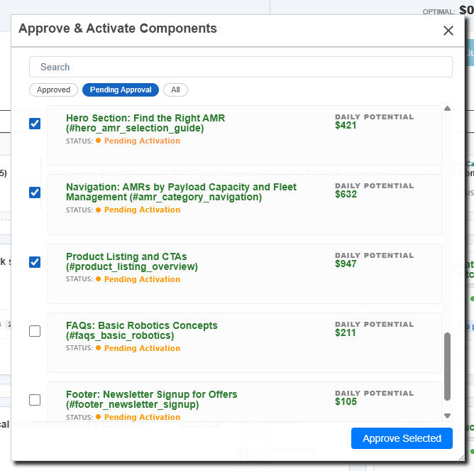 Approve and Activate Components window where a partner selects pending engine components, each showing its daily potential
