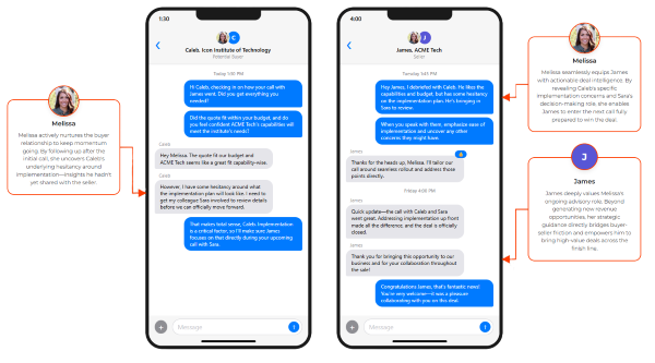 Buyer Advocate supporting the buyer and the seller in parallel text threads through the final stages to a closed-won deal