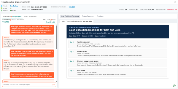 Collabor8 Insight Agent helping build a Sales Execution Roadmap with dated steps, owners, and deliverables through the purchase order