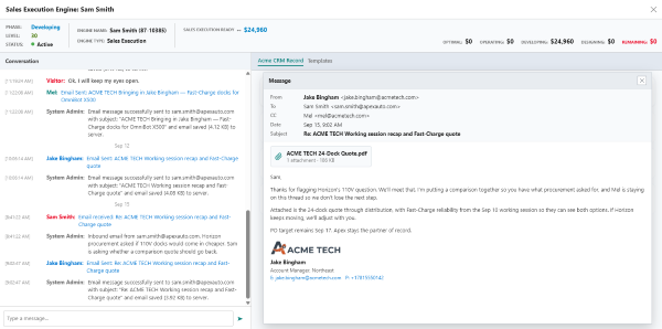 Seller's quote email to the buyer with the Buyer Advocate copied and the quote attached, beside the live conversation history