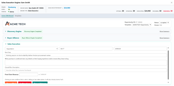 Sales Execution stage in the Acme Tech CRM record, with Discovery and Buyer Alliance completed and the next step, close date, and amount set